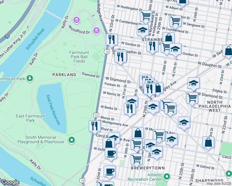 map of restaurants, bars, coffee shops, grocery stores, and more near 3141 West Norris Street in Philadelphia