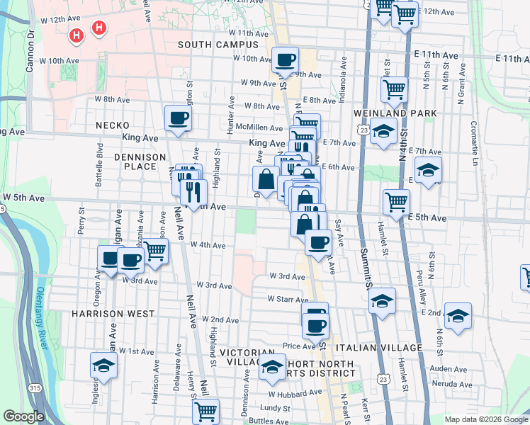 map of restaurants, bars, coffee shops, grocery stores, and more near 79 West 5th Avenue in Columbus