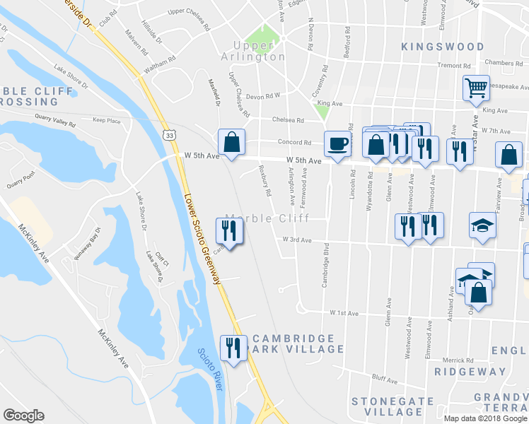 map of restaurants, bars, coffee shops, grocery stores, and more near 1559 Roxbury Road in Columbus