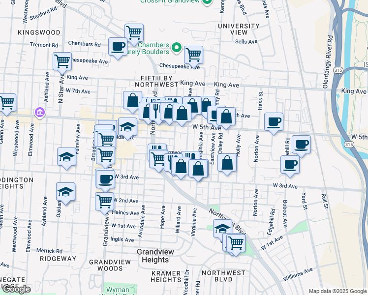map of restaurants, bars, coffee shops, grocery stores, and more near 1393 Doten Avenue in Columbus