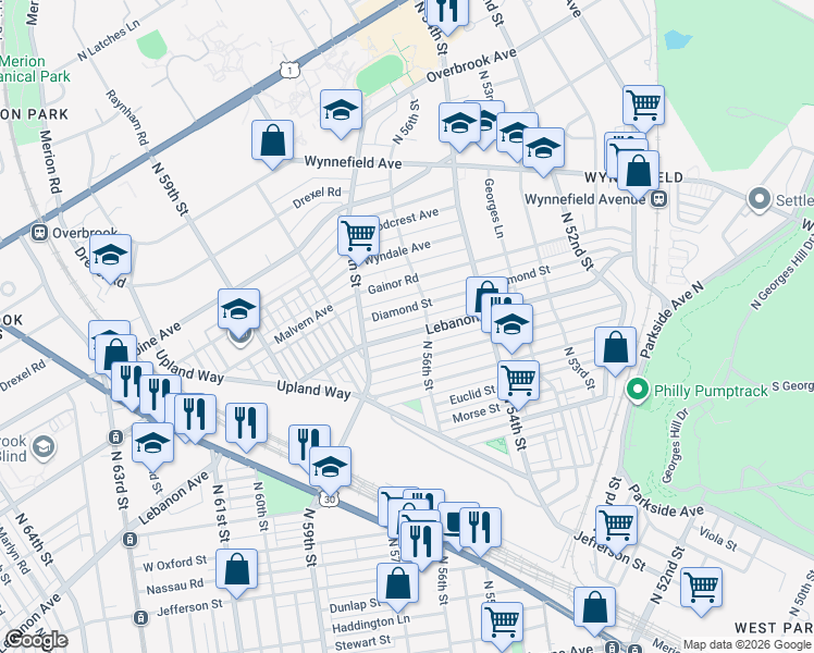 map of restaurants, bars, coffee shops, grocery stores, and more near 5623 Lebanon Avenue in Philadelphia