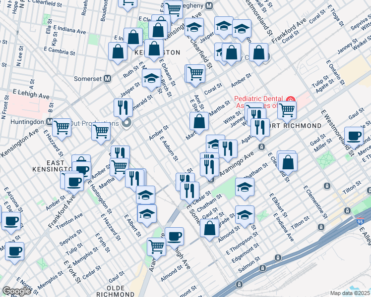 map of restaurants, bars, coffee shops, grocery stores, and more near 2206 East Cambria Street in Philadelphia