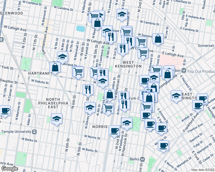 map of restaurants, bars, coffee shops, grocery stores, and more near 308 West York Street in Philadelphia
