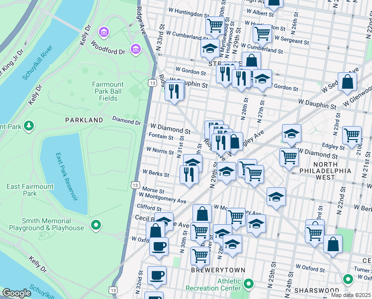 map of restaurants, bars, coffee shops, grocery stores, and more near 3038 Page Street in Philadelphia