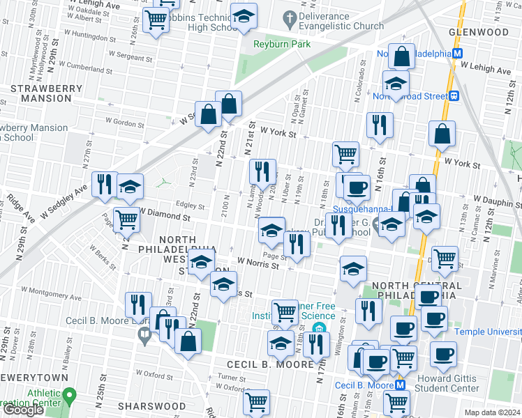 map of restaurants, bars, coffee shops, grocery stores, and more near 2131 North Woodstock Street in Philadelphia