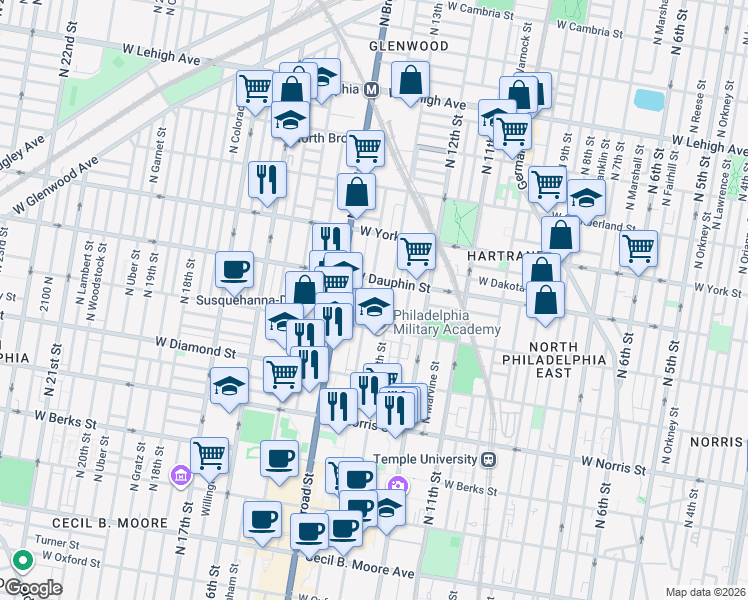 map of restaurants, bars, coffee shops, grocery stores, and more near 2239 North Park Avenue in Philadelphia