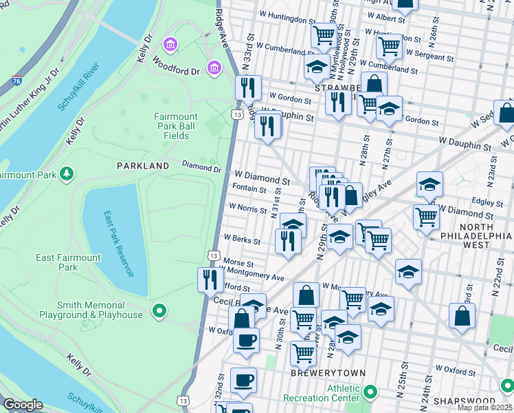 map of restaurants, bars, coffee shops, grocery stores, and more near 3141 West Norris Street in Philadelphia