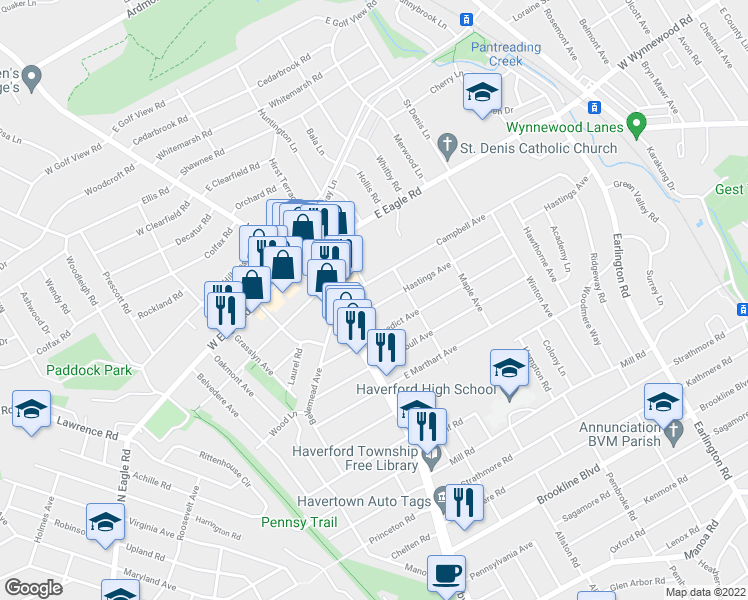 map of restaurants, bars, coffee shops, grocery stores, and more near 16 Hastings Avenue in Havertown
