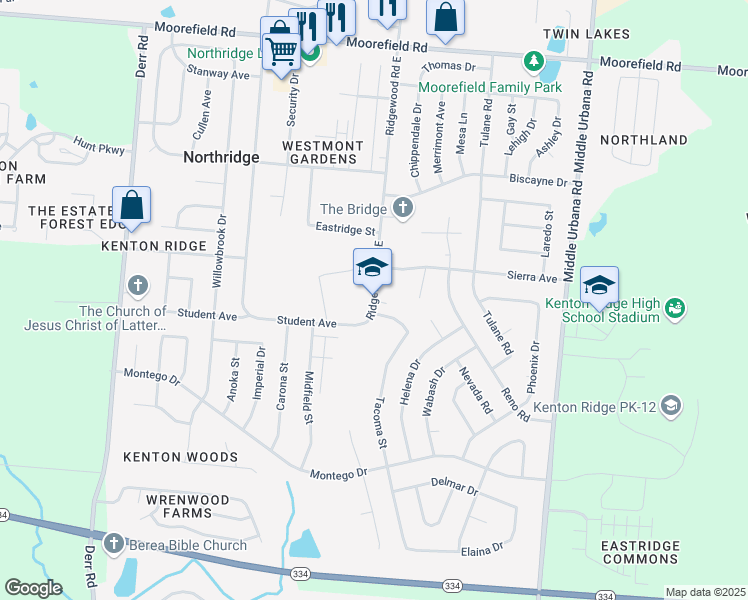 map of restaurants, bars, coffee shops, grocery stores, and more near 4445 Ridgewood Road East in Springfield