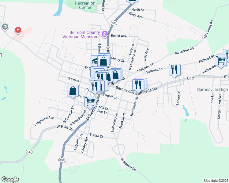 map of restaurants, bars, coffee shops, grocery stores, and more near 112 South Arch Street in Barnesville