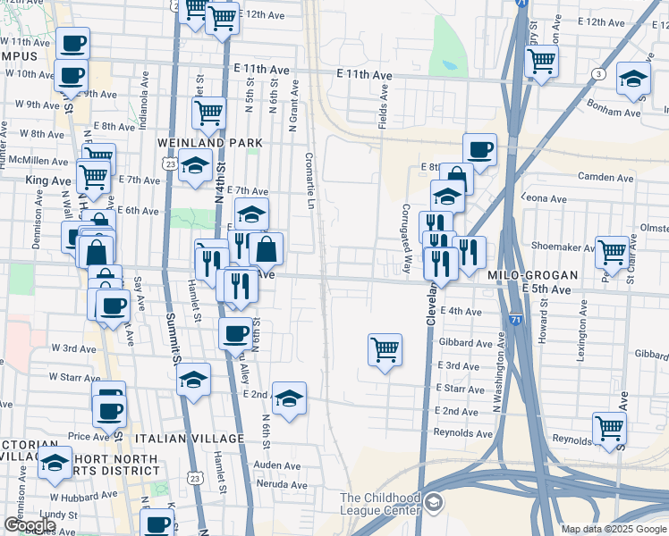 map of restaurants, bars, coffee shops, grocery stores, and more near 420 East 5th Avenue in Columbus