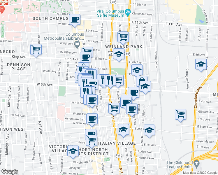 map of restaurants, bars, coffee shops, grocery stores, and more near 1170 Summit St in Columbus