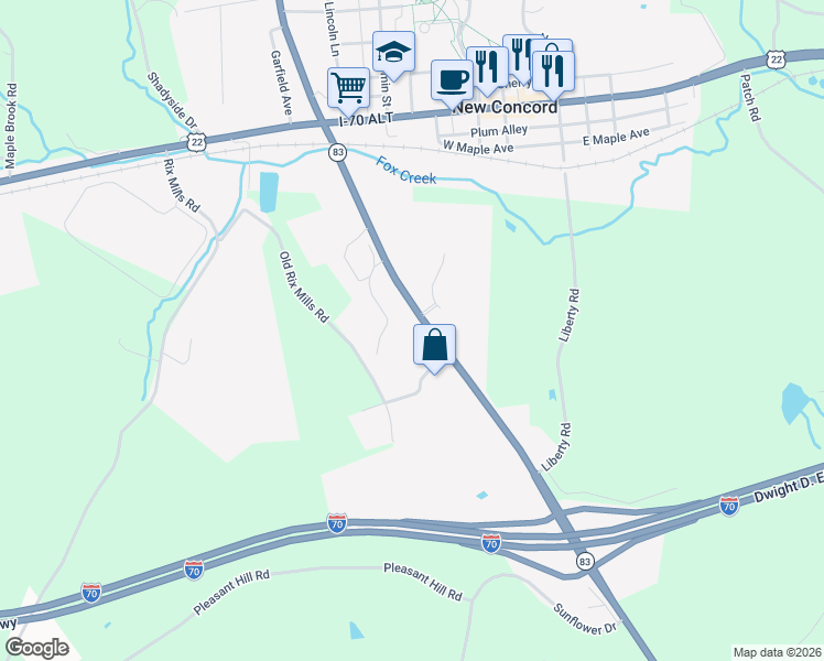 map of restaurants, bars, coffee shops, grocery stores, and more near 215 South Friendship Drive in New Concord