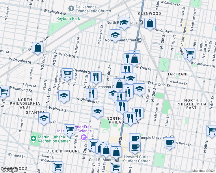 map of restaurants, bars, coffee shops, grocery stores, and more near 2213 North 16th Street in Philadelphia