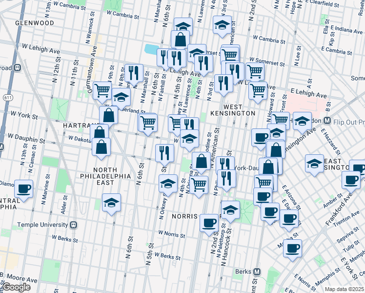map of restaurants, bars, coffee shops, grocery stores, and more near 2356 North Leithgow Street in Philadelphia