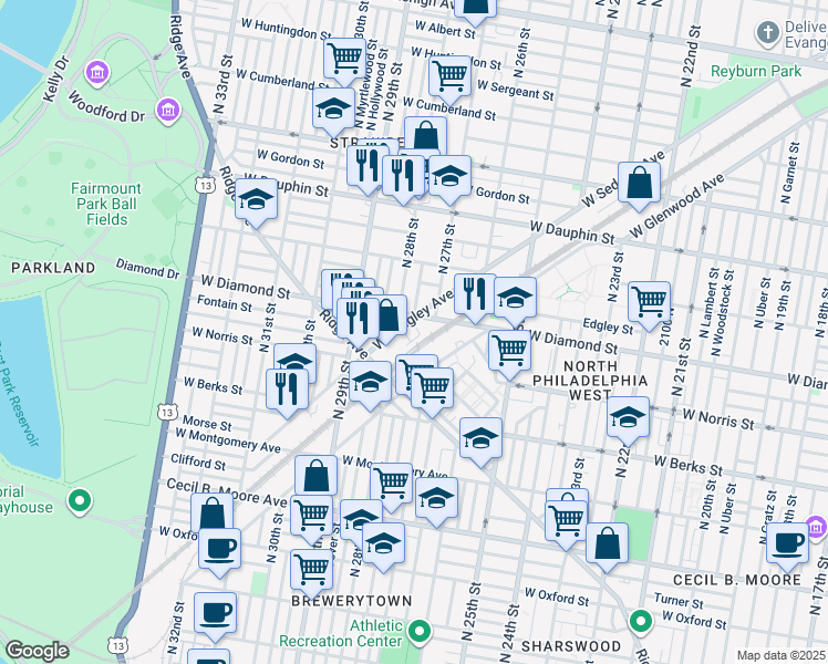 map of restaurants, bars, coffee shops, grocery stores, and more near 2006 North Etting Street in Philadelphia