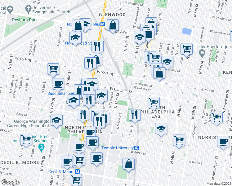 map of restaurants, bars, coffee shops, grocery stores, and more near 2254 North 12th Street in Philadelphia