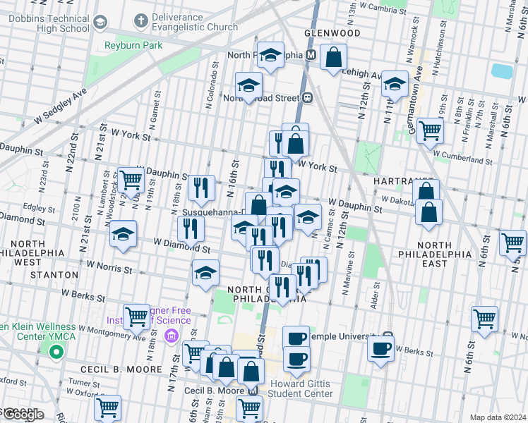 map of restaurants, bars, coffee shops, grocery stores, and more near 2228 North Carlisle Street in Philadelphia