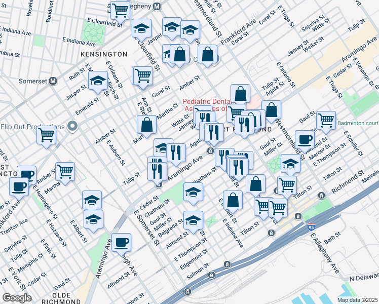 map of restaurants, bars, coffee shops, grocery stores, and more near 3038 Memphis Street in Philadelphia