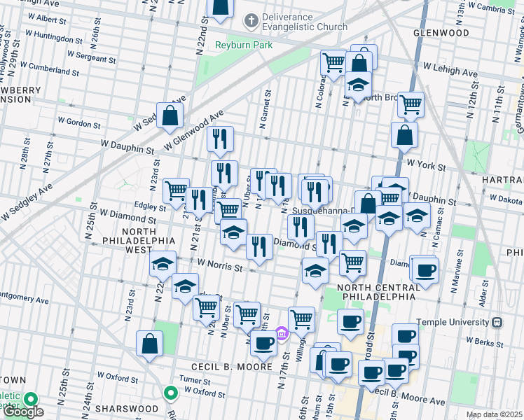 map of restaurants, bars, coffee shops, grocery stores, and more near 2155 North 19th Street in Philadelphia