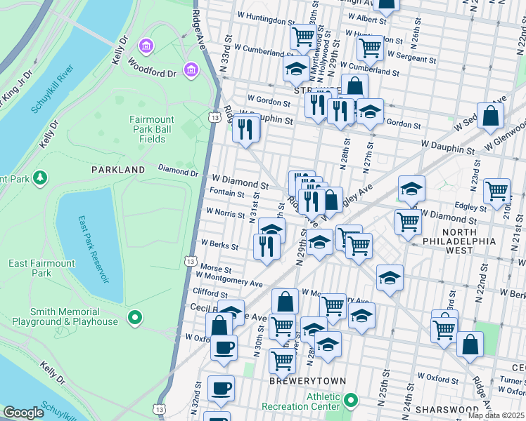 map of restaurants, bars, coffee shops, grocery stores, and more near 3038 Page Street in Philadelphia
