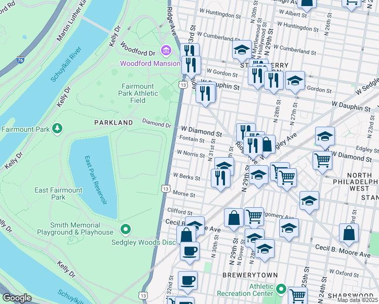 map of restaurants, bars, coffee shops, grocery stores, and more near 2000 North 32nd Street in Philadelphia