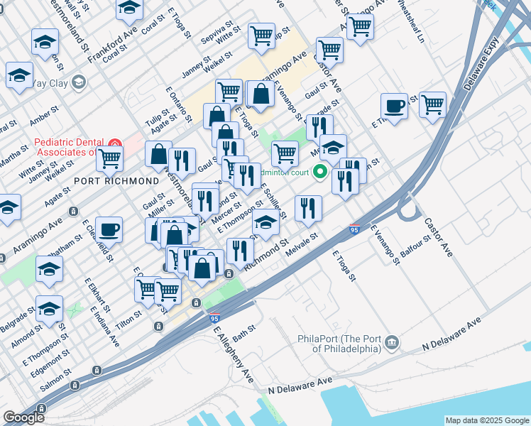 map of restaurants, bars, coffee shops, grocery stores, and more near 3418 Edgemont Street in Philadelphia