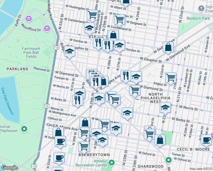 map of restaurants, bars, coffee shops, grocery stores, and more near 2018 North Marston Street in Philadelphia