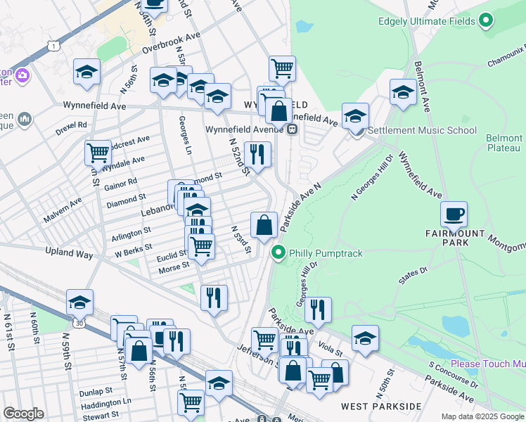 map of restaurants, bars, coffee shops, grocery stores, and more near 5203 West Berks Street in Philadelphia