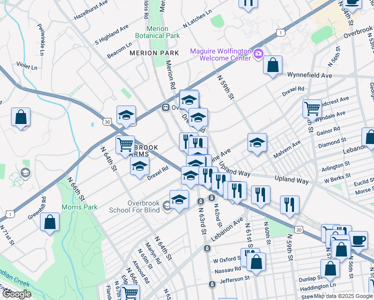 map of restaurants, bars, coffee shops, grocery stores, and more near 2049 North 63rd Street in Philadelphia