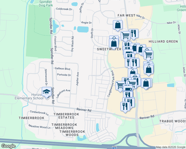 map of restaurants, bars, coffee shops, grocery stores, and more near 1802 Ridgebury Drive in Hilliard