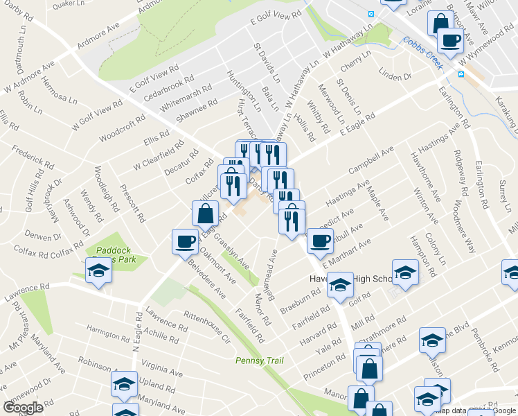 map of restaurants, bars, coffee shops, grocery stores, and more near 18 Ralston Avenue in Havertown