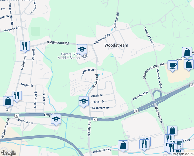 map of restaurants, bars, coffee shops, grocery stores, and more near 1800 North Hills Road in York