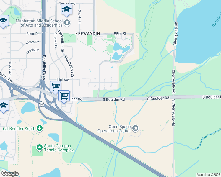 map of restaurants, bars, coffee shops, grocery stores, and more near 57 Mineola Court in Boulder
