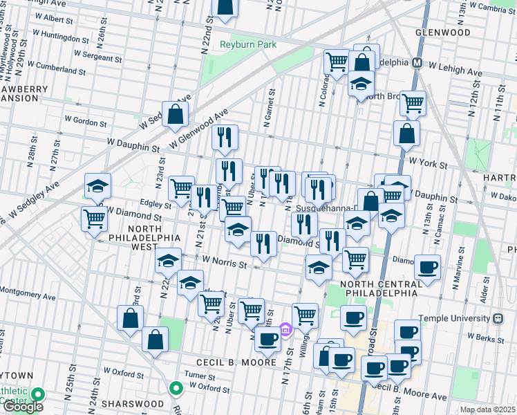 map of restaurants, bars, coffee shops, grocery stores, and more near 2139 North Uber Street in Philadelphia