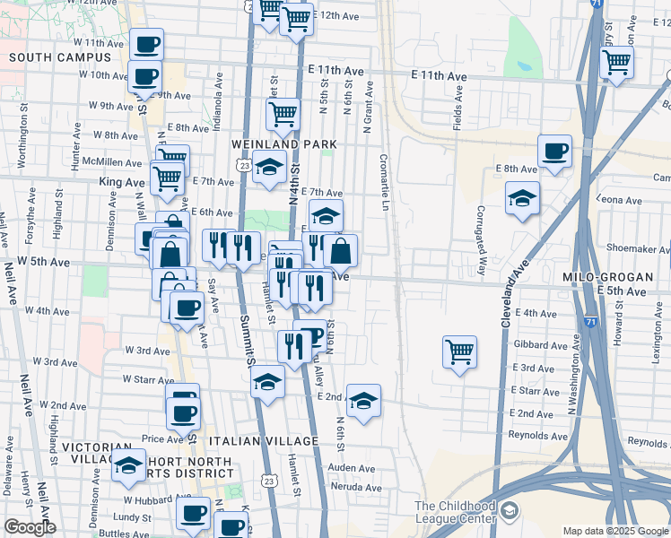 map of restaurants, bars, coffee shops, grocery stores, and more near 266 East 5th Avenue in Columbus
