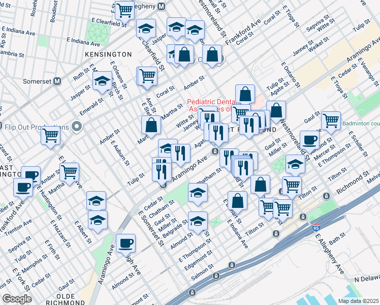 map of restaurants, bars, coffee shops, grocery stores, and more near 3035 Agate Street in Philadelphia