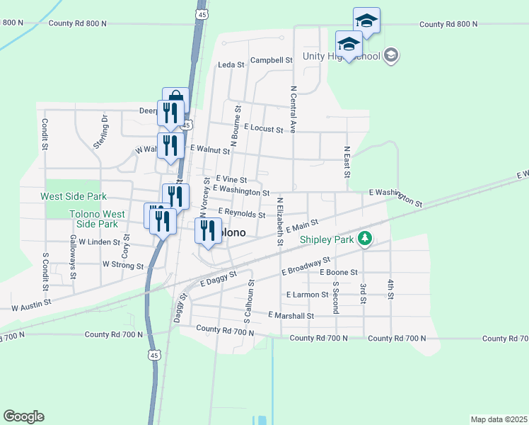 map of restaurants, bars, coffee shops, grocery stores, and more near 302 North Calhoun Street in Tolono