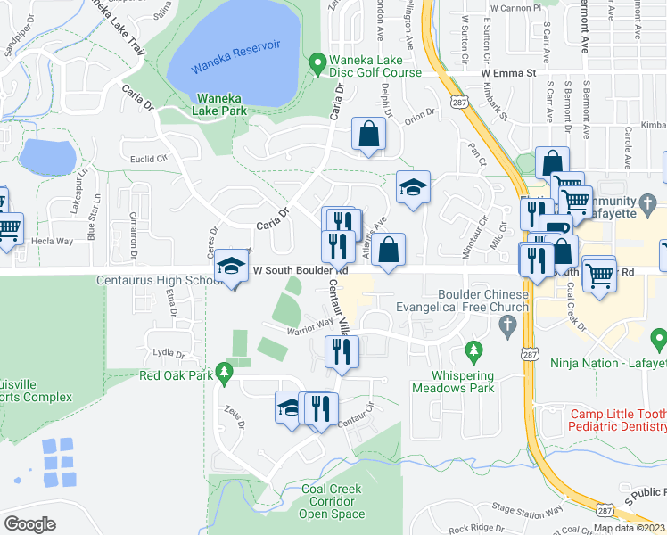 map of restaurants, bars, coffee shops, grocery stores, and more near West South Boulder Road & Centaur Village Drive in Lafayette