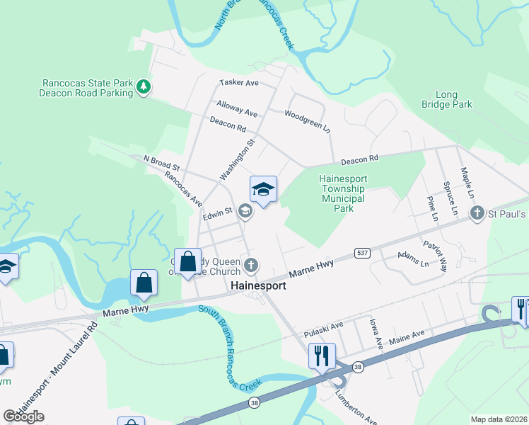 map of restaurants, bars, coffee shops, grocery stores, and more near 211 North Broad Street in Hainesport