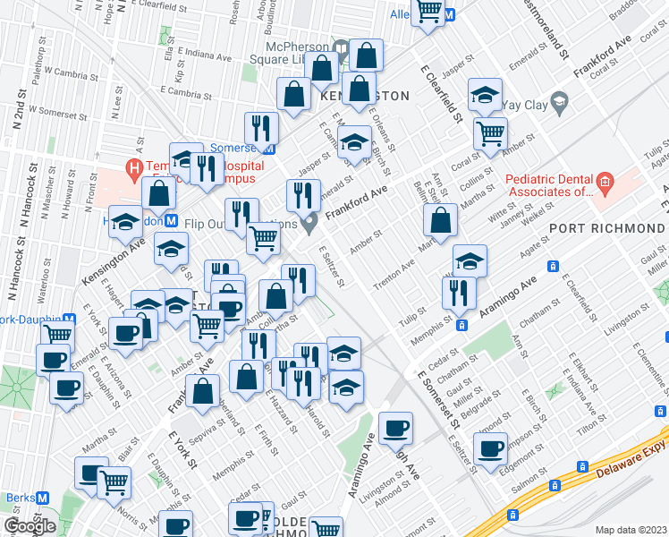 map of restaurants, bars, coffee shops, grocery stores, and more near 2751 Amber Street in Philadelphia