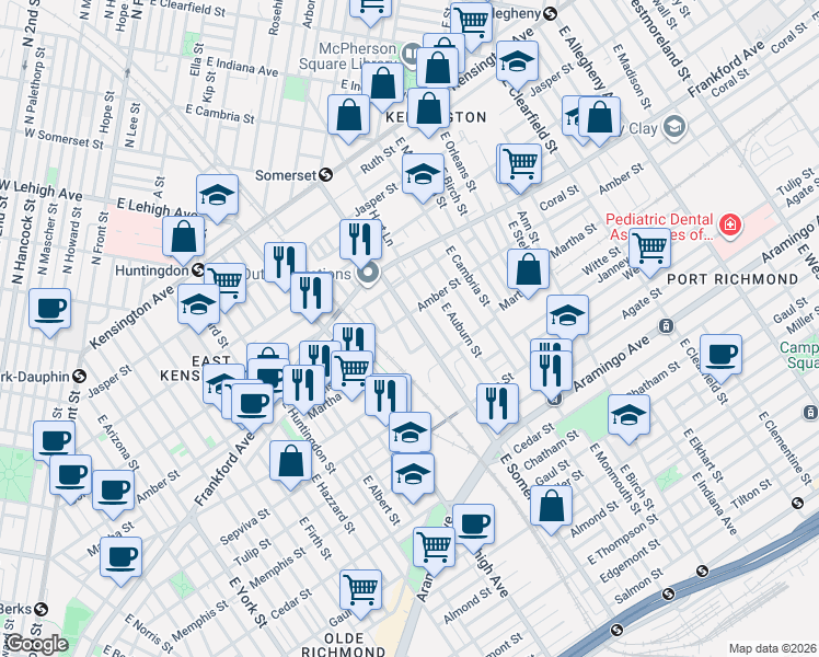 map of restaurants, bars, coffee shops, grocery stores, and more near 2127 East Somerset Street in Philadelphia