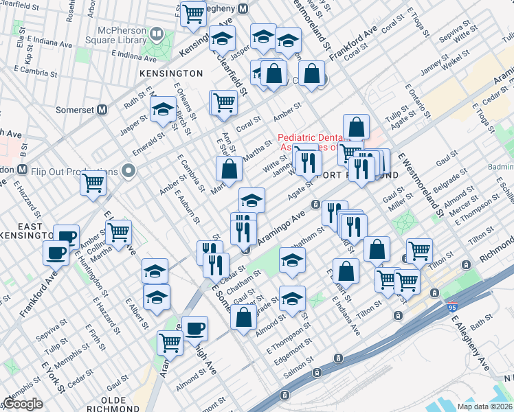 map of restaurants, bars, coffee shops, grocery stores, and more near 2978 Tulip Street in Philadelphia