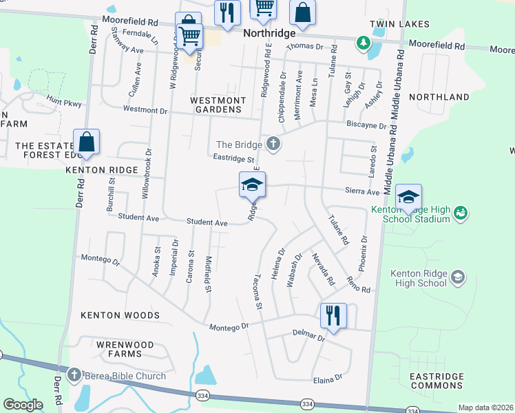 map of restaurants, bars, coffee shops, grocery stores, and more near 4436 Ridgewood Road East in Springfield