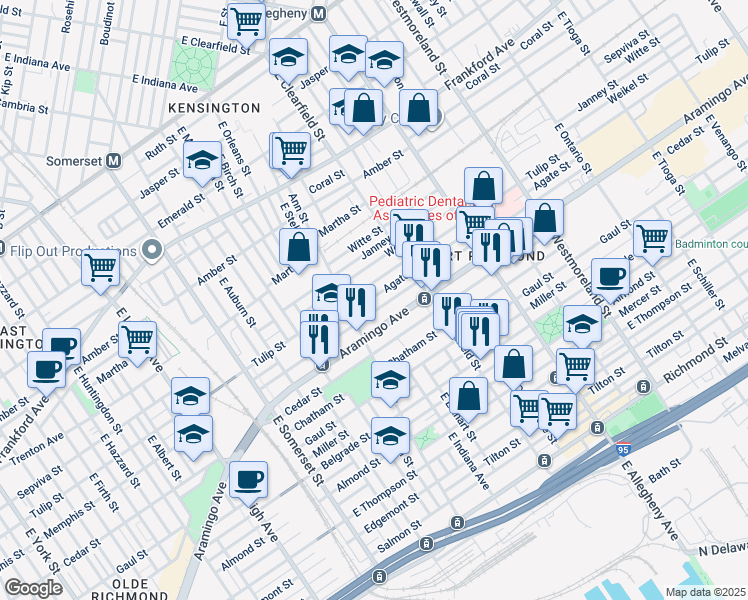 map of restaurants, bars, coffee shops, grocery stores, and more near 3035 Agate Street in Philadelphia