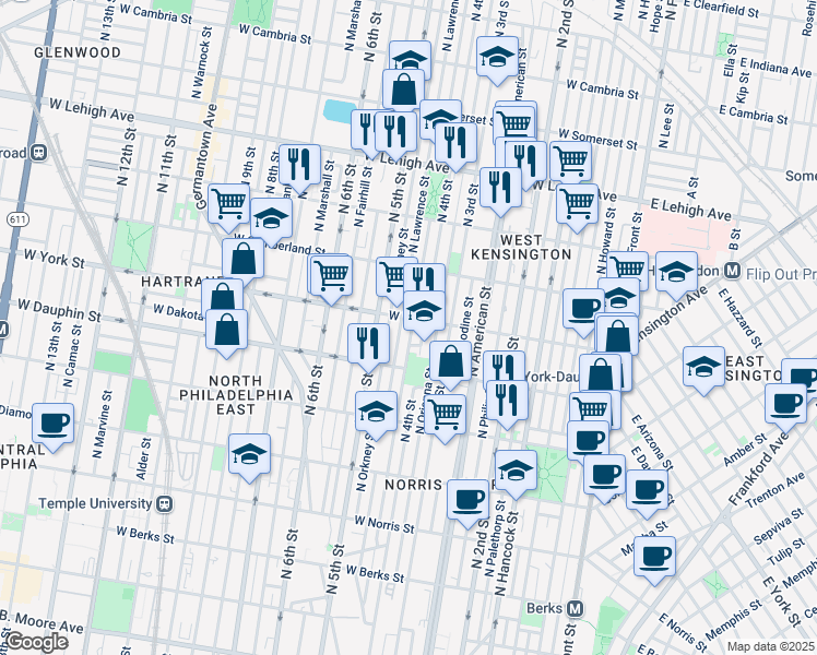 map of restaurants, bars, coffee shops, grocery stores, and more near 2356 North Leithgow Street in Philadelphia