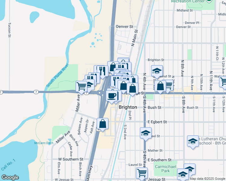 map of restaurants, bars, coffee shops, grocery stores, and more near 55 West Bridge Street in Brighton
