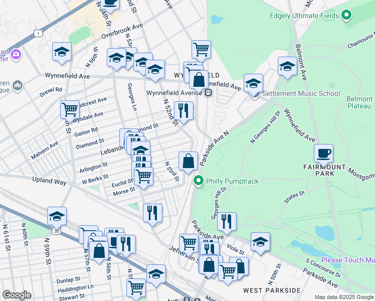 map of restaurants, bars, coffee shops, grocery stores, and more near 5203 West Berks Street in Philadelphia