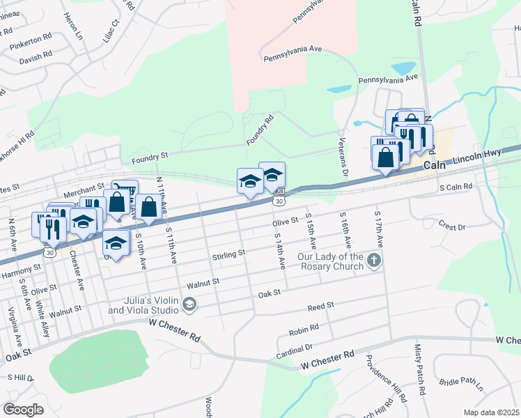 map of restaurants, bars, coffee shops, grocery stores, and more near 1322 Lincoln Highway East in Coatesville