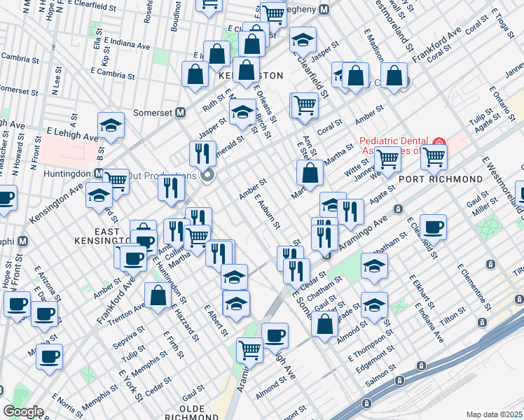 map of restaurants, bars, coffee shops, grocery stores, and more near 2150 E Auburn St in Philadelphia